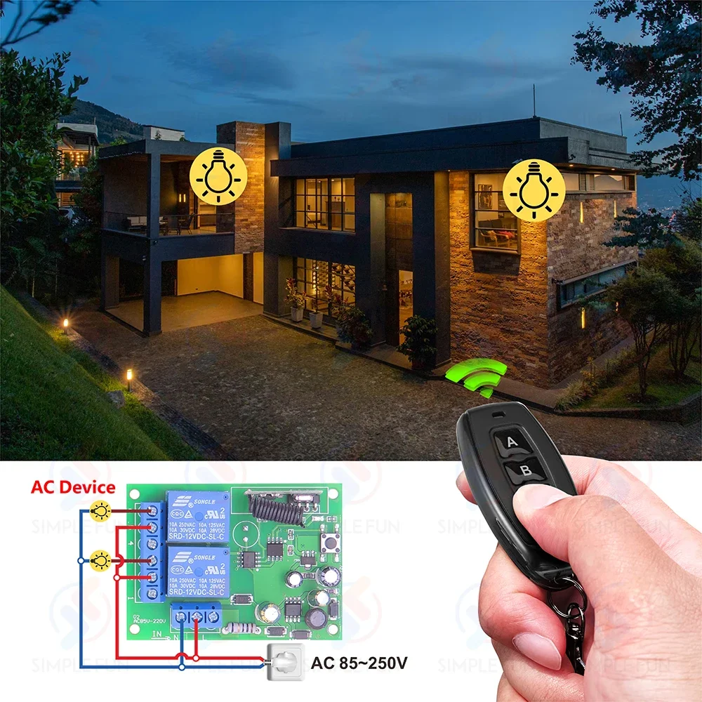 433MHz Light/Garage Gate Universal Wireless Remote Control Switch AC 110V 220V 2CH Relay Receiver,50m Transmitter,for lamp motor