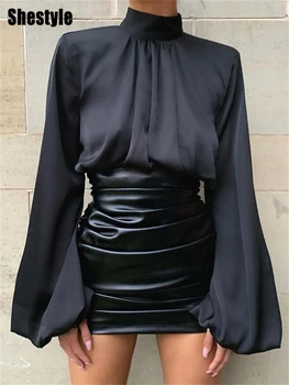 Shestyle branco cetim lanterna manga blusa senhora do escritório primavera brilho sólido solto sexy curto colheita topos feminino cintura alta camisa de trabalho