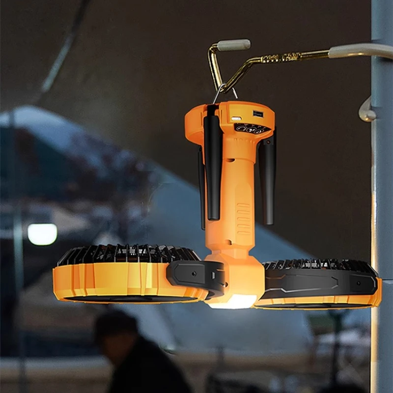 พัดลมแคมป์ปิ้งแบบ Dual Head พร้อมไฟ 360 °   พัดลมตั้งโต๊ะแบบชาร์จ USB หมุนได้ 3 โหมดลม การทํางานที่เงียบเป็นพิเศษสําหรับใช้เต็นท์/เดสก์ท็อป