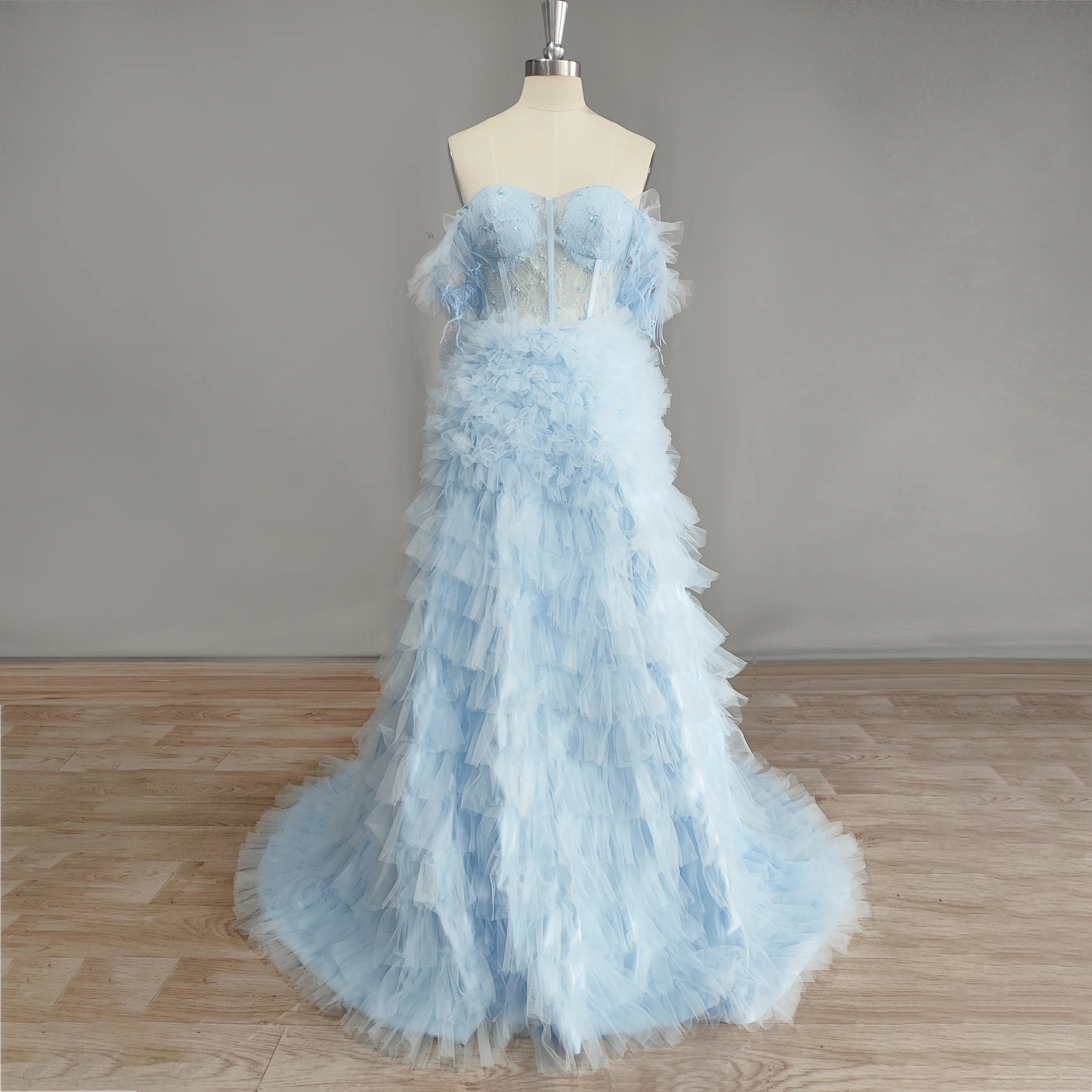 DIDEYTTAWL Real Photos Lace Off Shoulder Feather Prom Dress Sweetheart Tulle High Side Split A-Line Tiered Princess Evening Gown