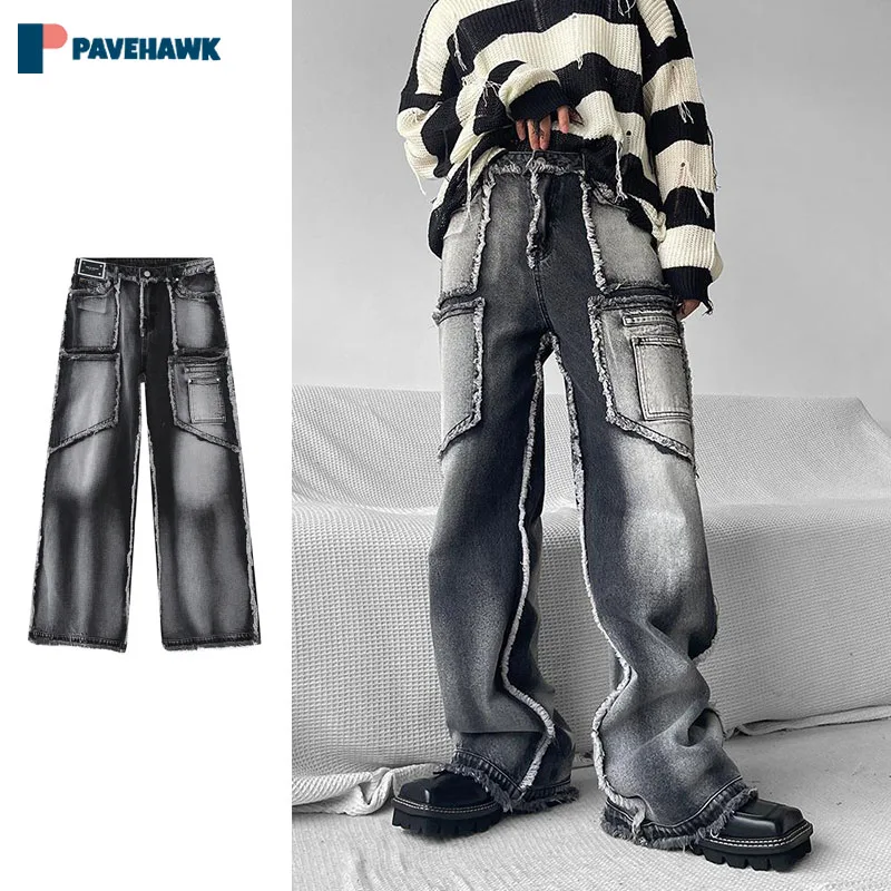 

American Street Washed Jeans Men Distressed Flash Black Gradient Straight Cowboy Pants Autumn Male High Street Wide-leg Trousers