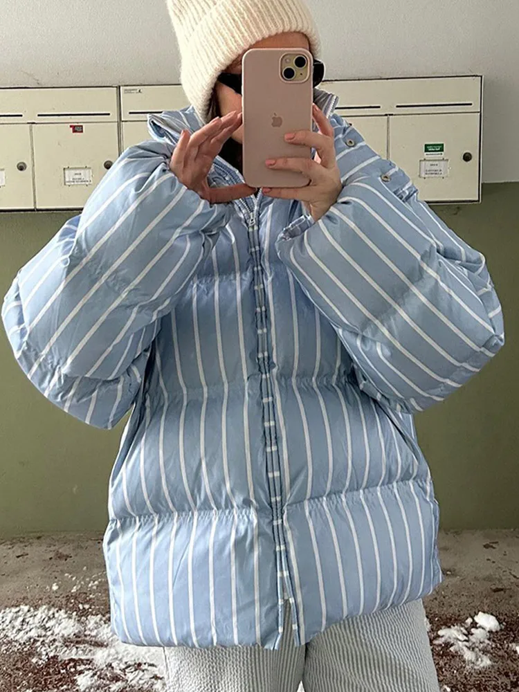 Striped Hooded Cotton Jacket Women Fashion Stand Collar Full Sleeve Zipper Pocket Warm Jackets Lady Winter Daily Street Coats Striped Hooded Cotton Jacket Women Fashion Stand Collar Full Sleeve Zipper Pocket Warm Jackets Lady Winter Daily Street Coats