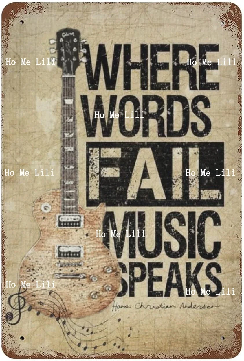 Vintage Tin Sign Guitar Where Words Fail Music Speaks Home Bar Poster Wall Decor Retro Metal Sign