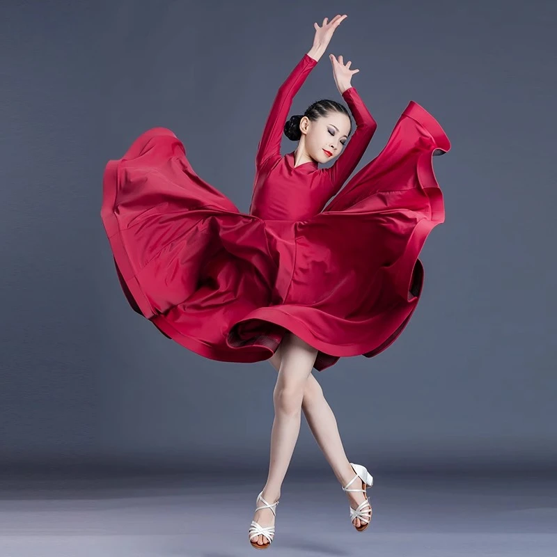 2025 어린이 볼룸 댄스 대회 의상 소녀용 와인 레드 바디수트 빅 스윙 스커트 수트 왈츠 모던 드레스