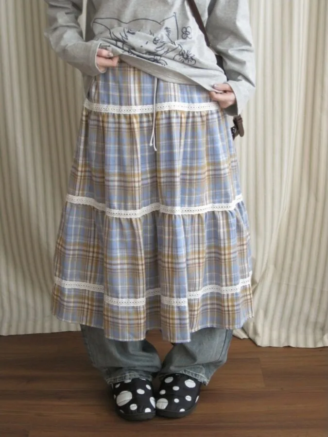Chic Plaid Lace Half Skirt Women's Vintage Patchwork Belted School Street Style Spring Autumn Winter Regular Fit Online Exclu...