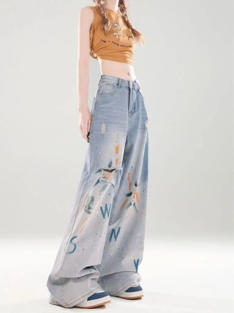 

Distressed Denim Jeans Women Trendy Printed Artistic Pattern High Waist Flared Trousers Summer Long Draggy Bottoms