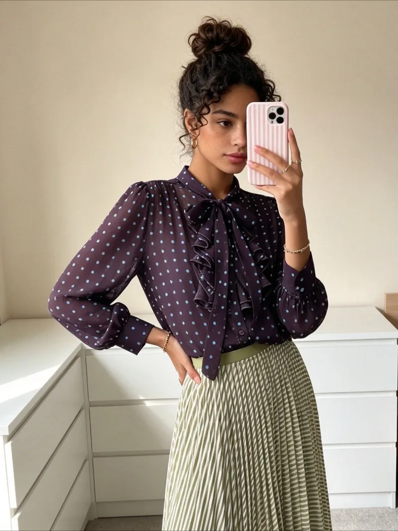 

French-style Sweet Bow Tie-up Polo Dot Shirt Women's Spring Breathable Long-sleeved Loose Slim-fit Commuter Shirt Female Tops