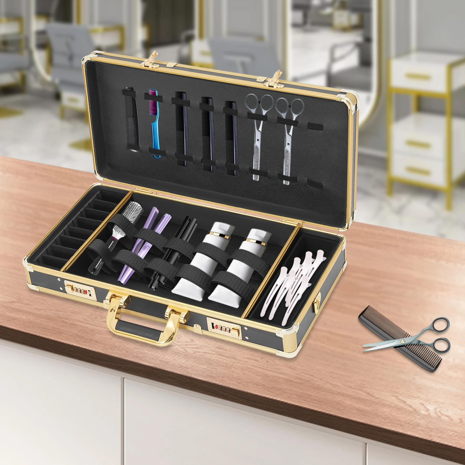 55×27×10cm理髪師用キャリーケース、セキュリティナンバーロック付き、理髪師用ケースオーガナイザー、モダンツールボックス