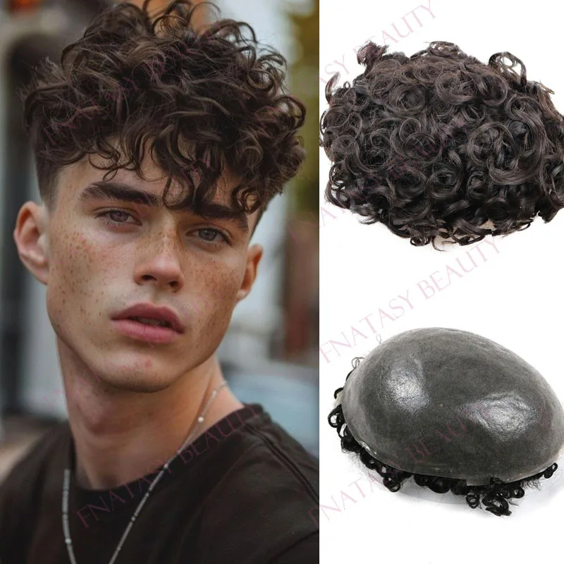 

Суперпрочный мужской парик из натуральных европейских волос, 25 мм, вьющиеся, коричнево-серо-черные, с натуральной линией роста волос, ультратонкая кожаная основа