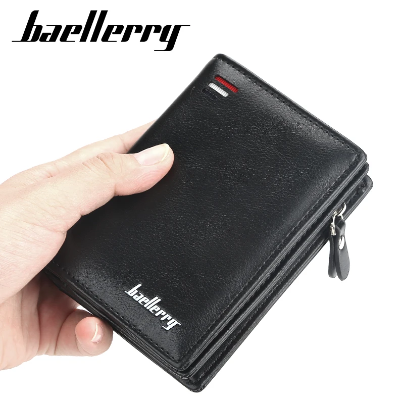 Baellerry Men PU Leather Short Wallet With Zipper Coin Pocket Vintage Big Capacity Male Short Money Purse Card Holder