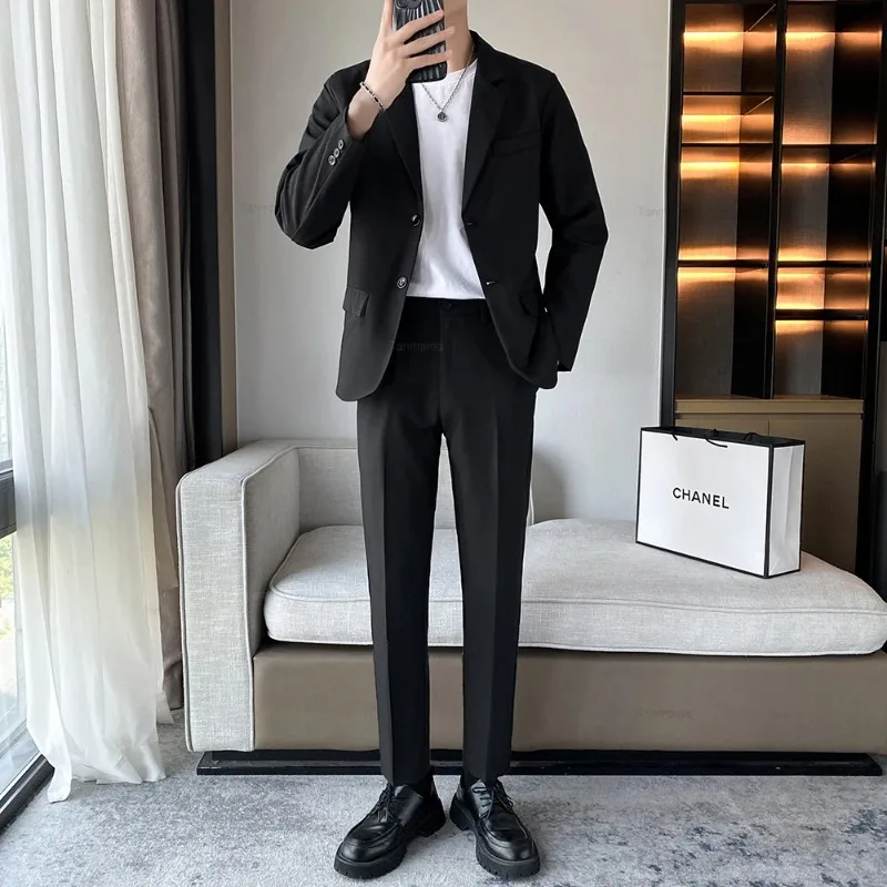 Men\'s Formal Suit Set Wedding Party Dress Black Gray Business Office Blazer Trousers Korean Fashion Draped Youth Suit Jacket