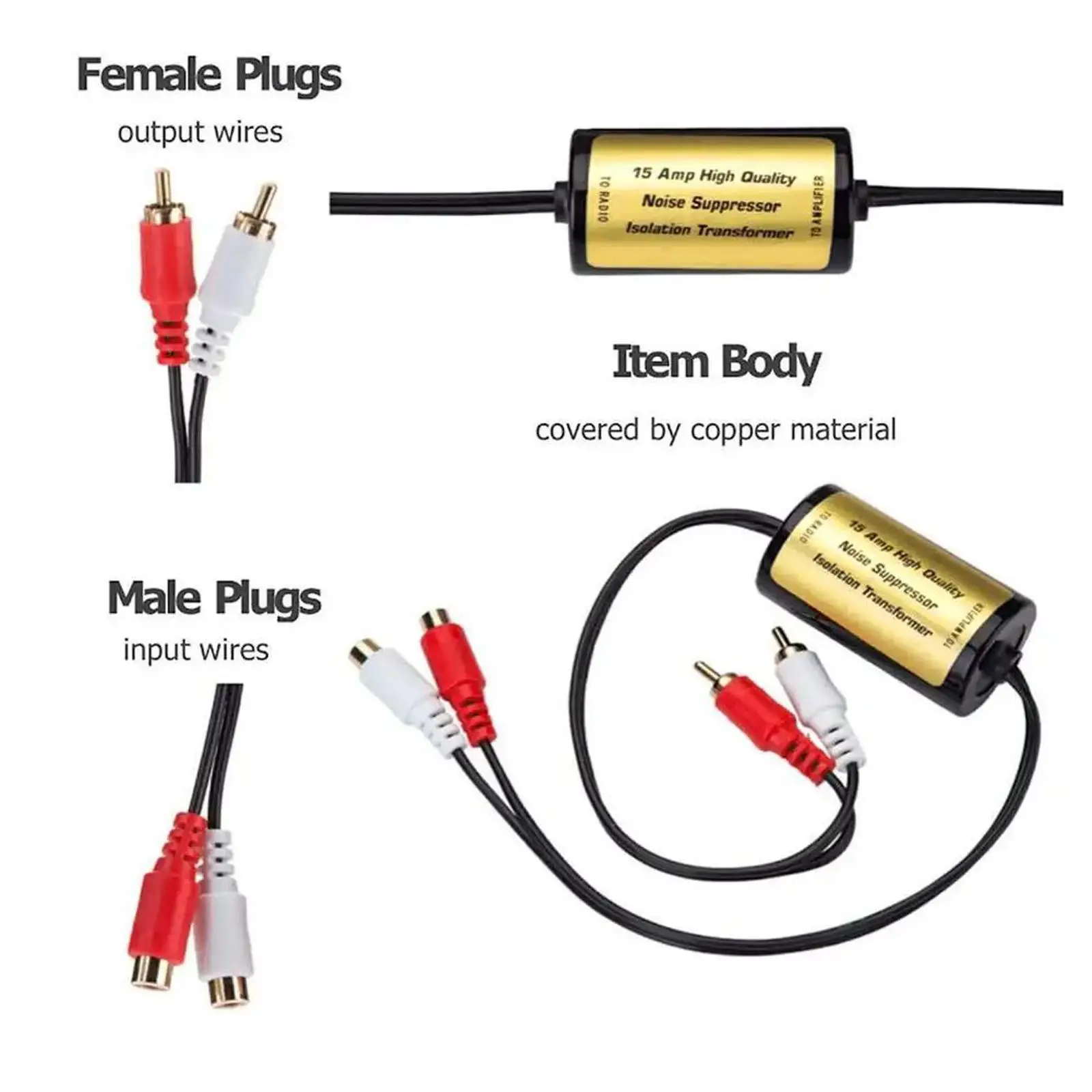 RCA Audio Noise Suppressor 15A Ground Loop Isolator for Car Amplifier High Low Converter Stereo
