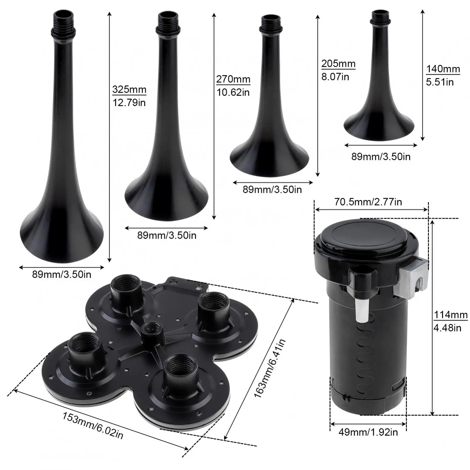 12V 185DB Super Loud Black Musical Sound Air Horn 4 Trumpet Air Horn with Compressor Kit for Cars/Trucks /Boats /Motorcycles