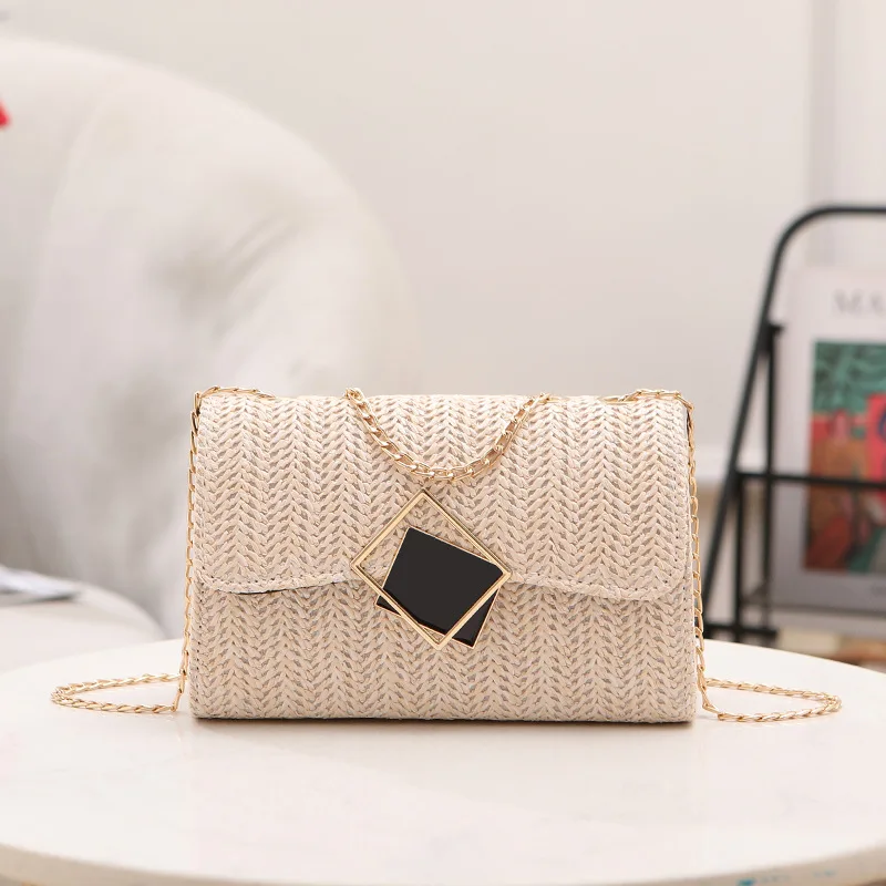 Chain diagonal woven bag 2024 new ladies bags fashionable and versatile woven lock buckle single shoulder small square bag