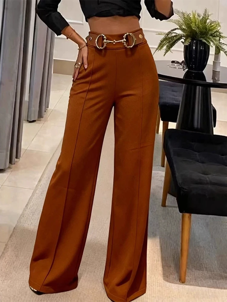 عارضة الشارع واسعة Legger السراويل الصلبة أنيقة عالية الخصر مشبك معدني السراويل الطويلة المرأة أزياء التنقل السراويل المستقيمة #5