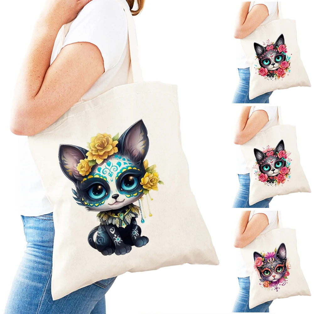 

Fashion Flower Cat Lady Shopper Bags Double Print Rose Kitten Girl Daily use Shoulder Handbag Pattern Feline Women Shopping Bag