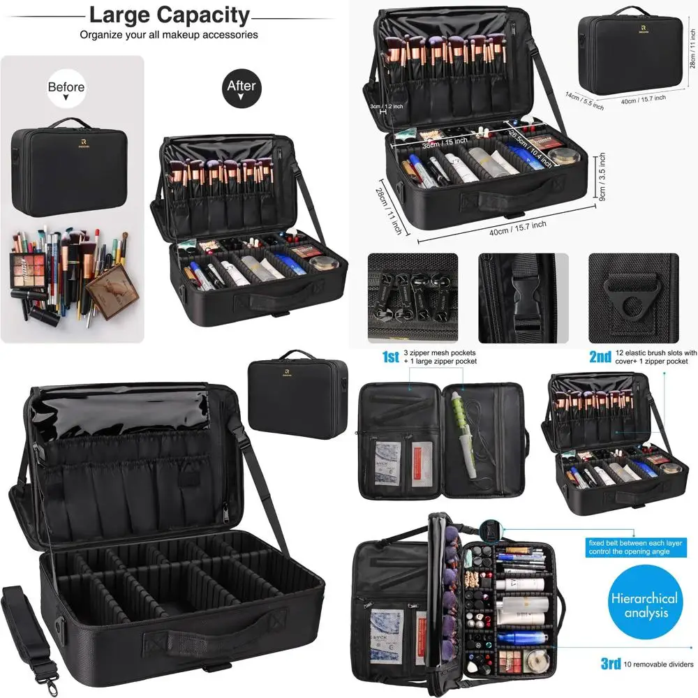 

Large Waterproof Travel Makeup Case with 3 Layers & Adjustable Strap for Professional Artists