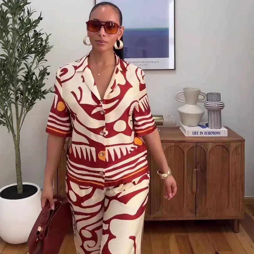 レディースパンツセット プリント柄 ツーピースシャツ シングルブレスト ターンダウンカラーシャツ ハイウエストパンツ カジュアル エレガント 夏 2025