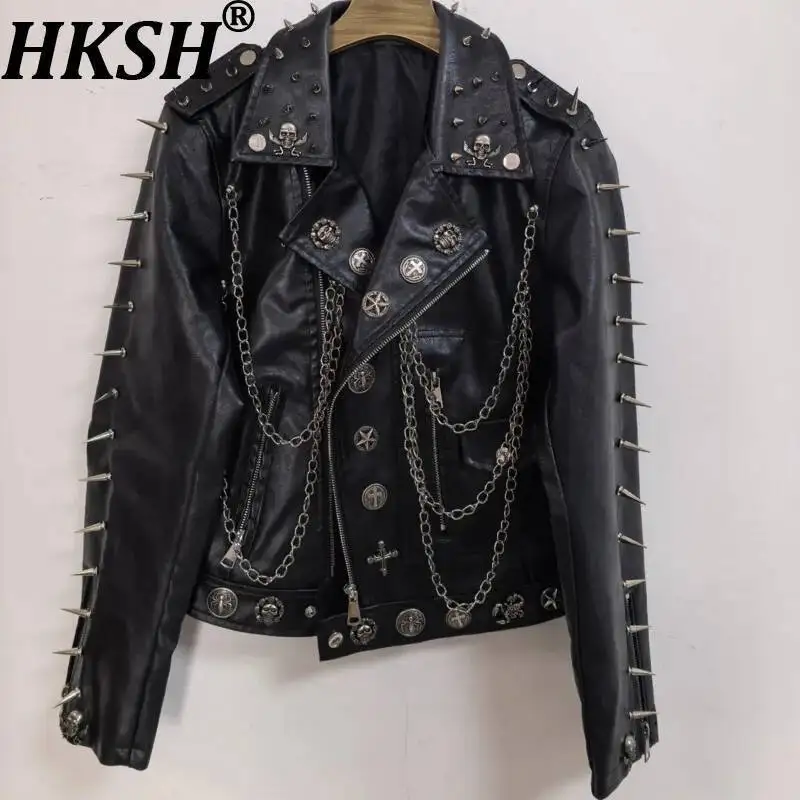 HKSH Women PU Leather Jacket Dark Style Chic Heavy Rivet Chains Niche Design Zippers Moto Biker Streetwear Spring Autumn HK23969