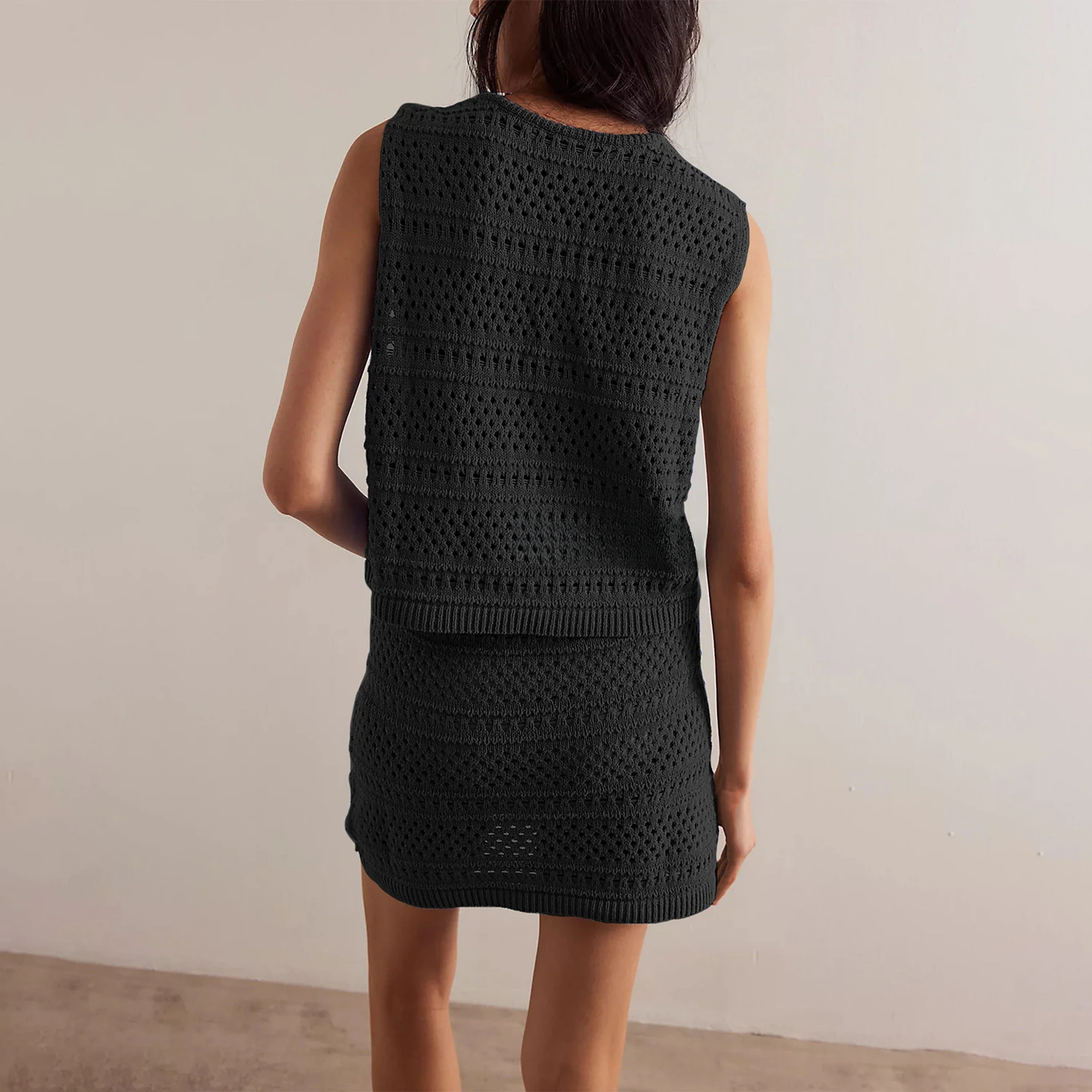 Y2K DAILOU 2025 nowa europejska i amerykańska moda seksowny dekolt w serek bez rękawów Hollow Tank Top damski dzianinowy zestaw pół spódniczki