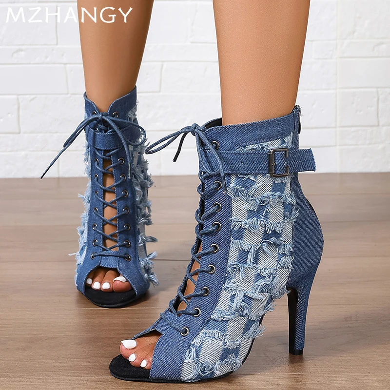 Cowboy Open Toe Women Ankle Cool Boots High Heels Sexy Shoes Pointed Toe Fad Pumps Autumn 2024 Trend Lace Up Dress Botas Mujer