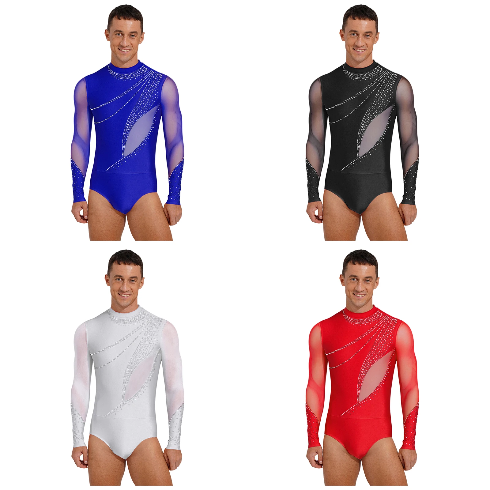 

Mens Latin Ballet Dance Figure Skating Bodysuit Glittery Rhinestone Mesh Long Sleeve Openable Crotch One-piece Leotard Jumpsuit