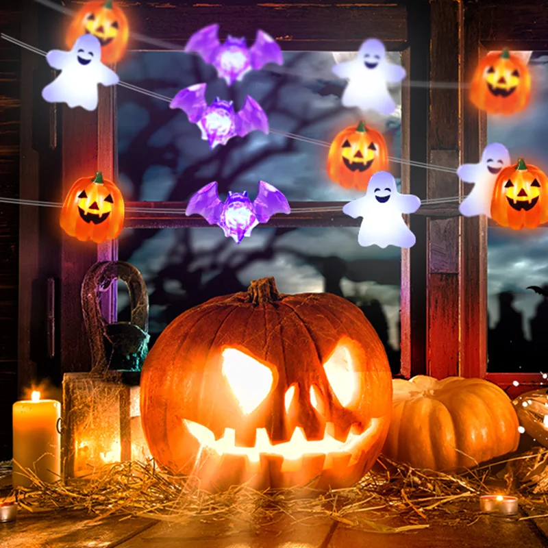 1 Stück 20/30 LED Halloween Kürbis Geist Fledermaus Lichterkette Batteriebetrieben Gruselige Feenlichter für Heimdekoration, Indoor-Party, Festivaldekoration – Detail 10