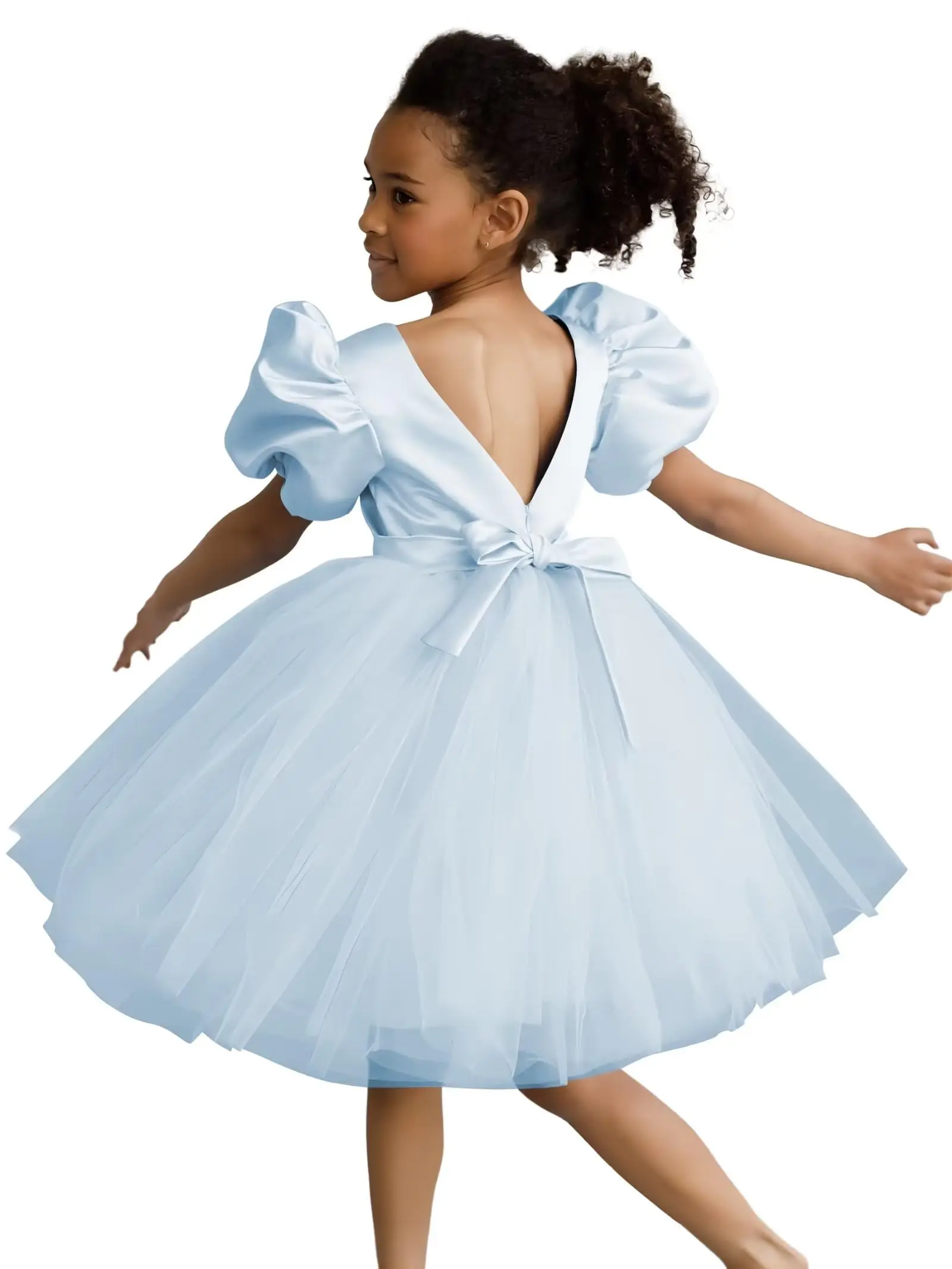 Puff Sleeve Flower Girl Dresses for Wedding Tutu Birthday Party Satin Tulle Pageant Prom Dress with BowKnot Girls Ball Gown