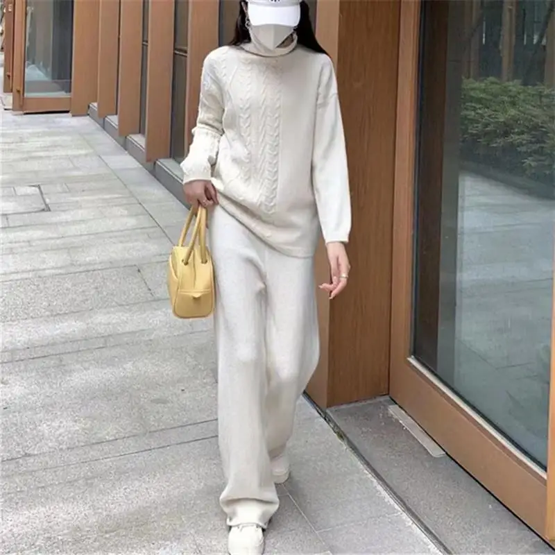 2023-new-women's-fashion-autumn-winter-high-collar-knitted-sweater-wide-leg-casual-pants-two-piece-set