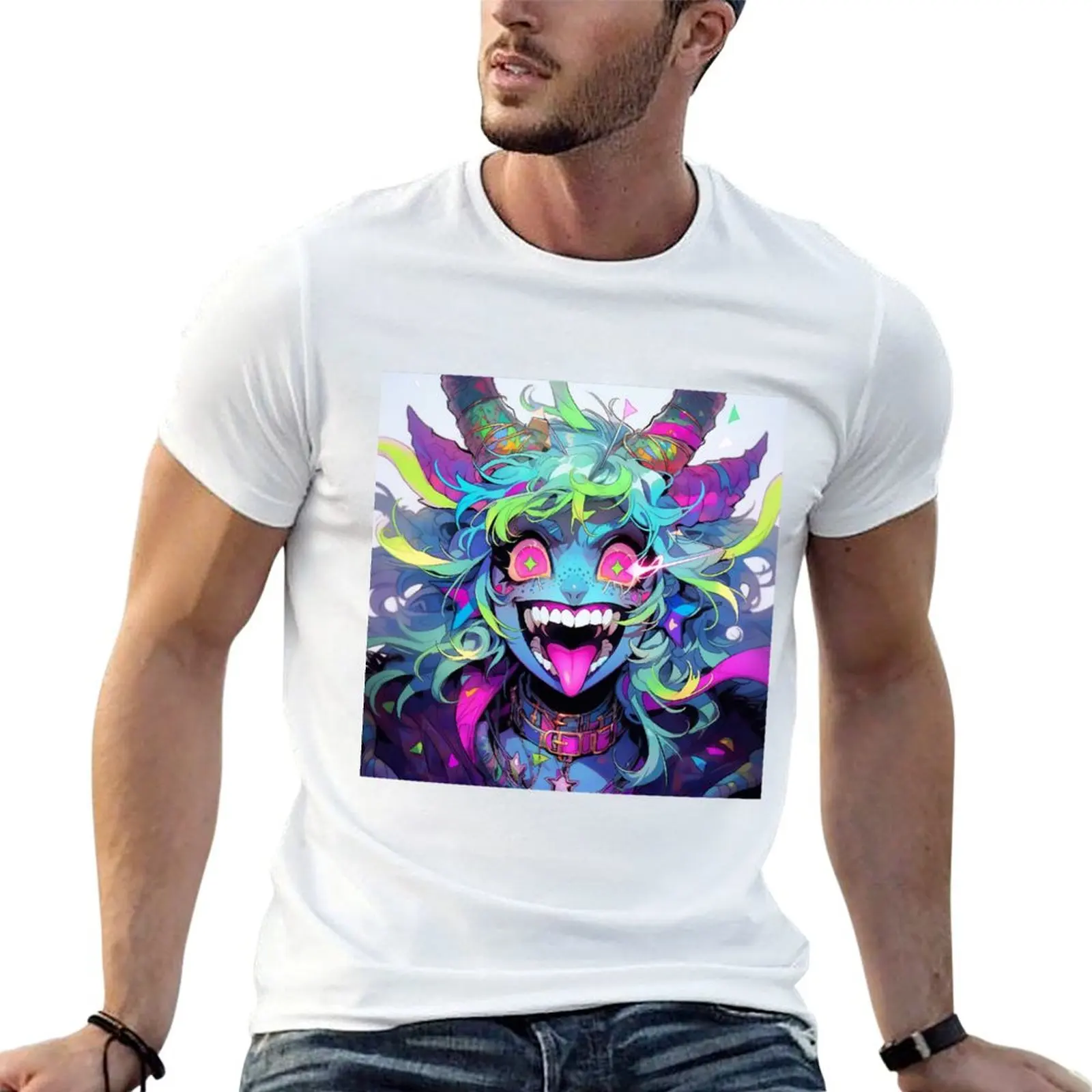 Wacky Bright Colorful Excited Demon Anime Girl T-shirt animal prinfor boys quick drying Short sleeve tee vintage t shirt men