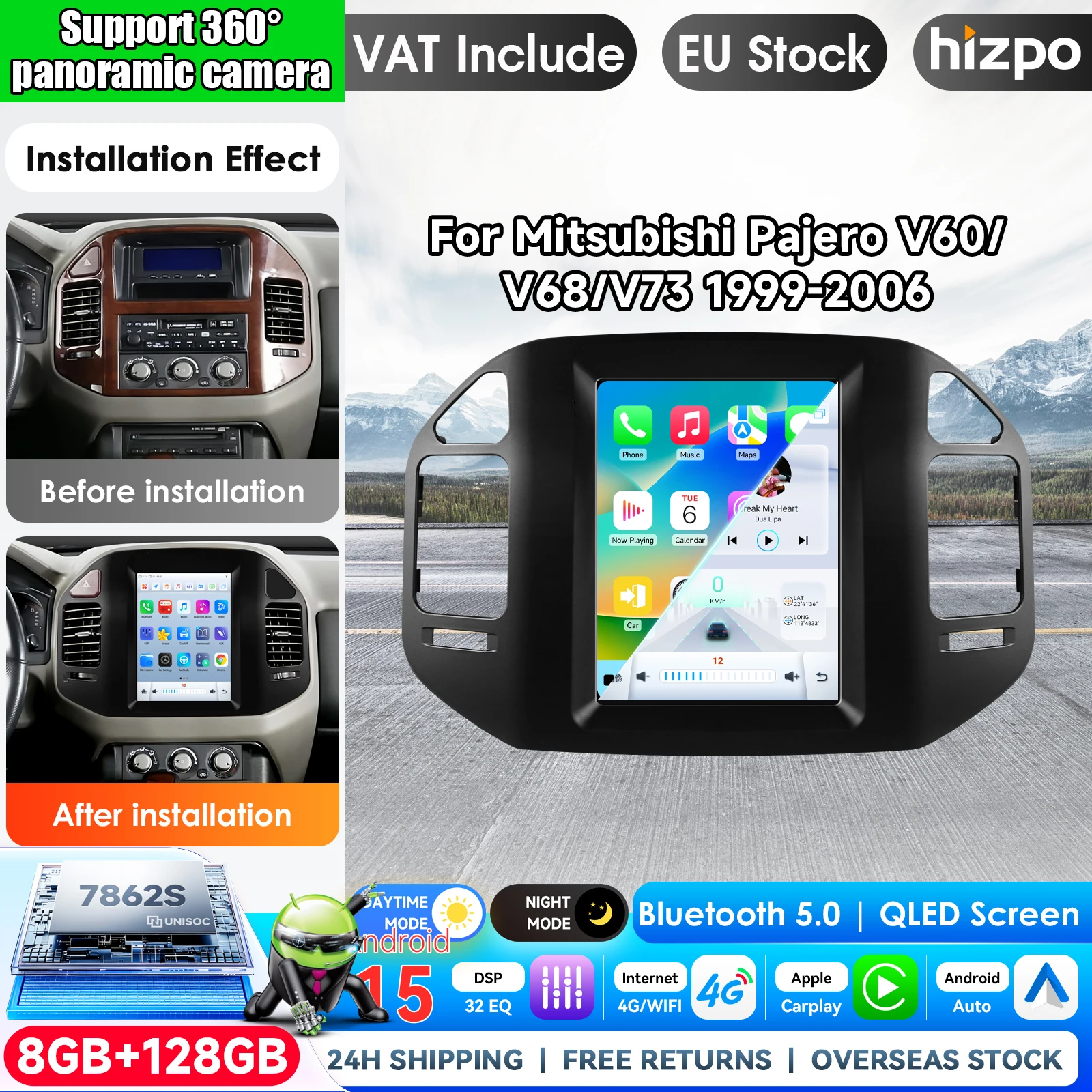 Autoradio con navigazione per Mitsubishi Pajero V60 68 V73 1999-2006, CarPlay wireless, schermo touchscreen, GPS, lettore multimediale video, Android Auto, unità principale wireless con Apple CarPlay,