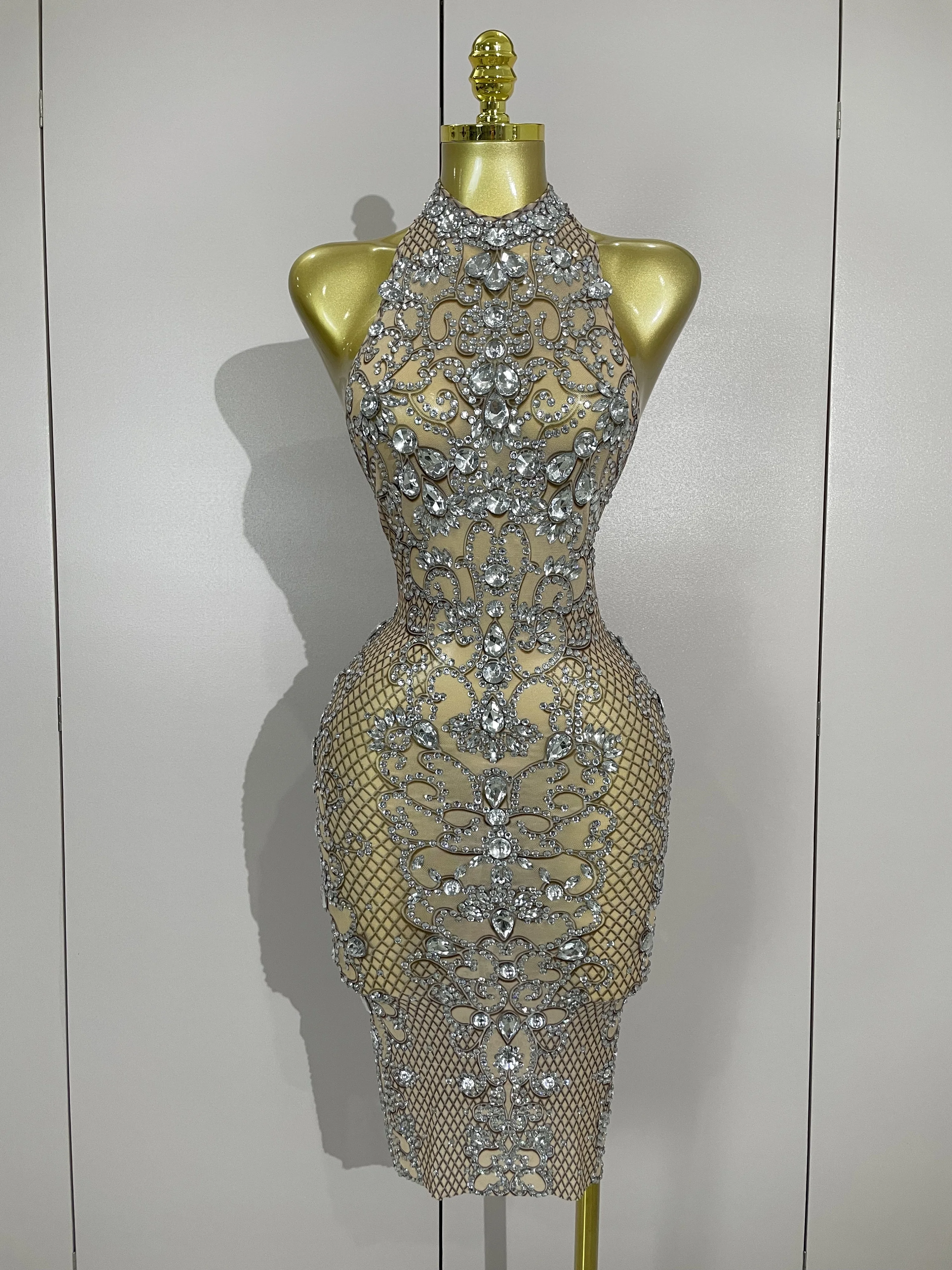 Sparkly Crystal Diamonds Print See Through Stretch Mesh Jurk Dames Avond Verjaardagsfeestje Danser Sexy Nachtclub Toneelkostuum