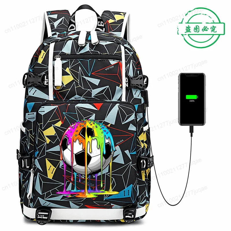 Fashion Waterproof Backpack for Men Women Large Laptop School Bag Rainbow Drip Soccer Ball Design College Student Bookbag
