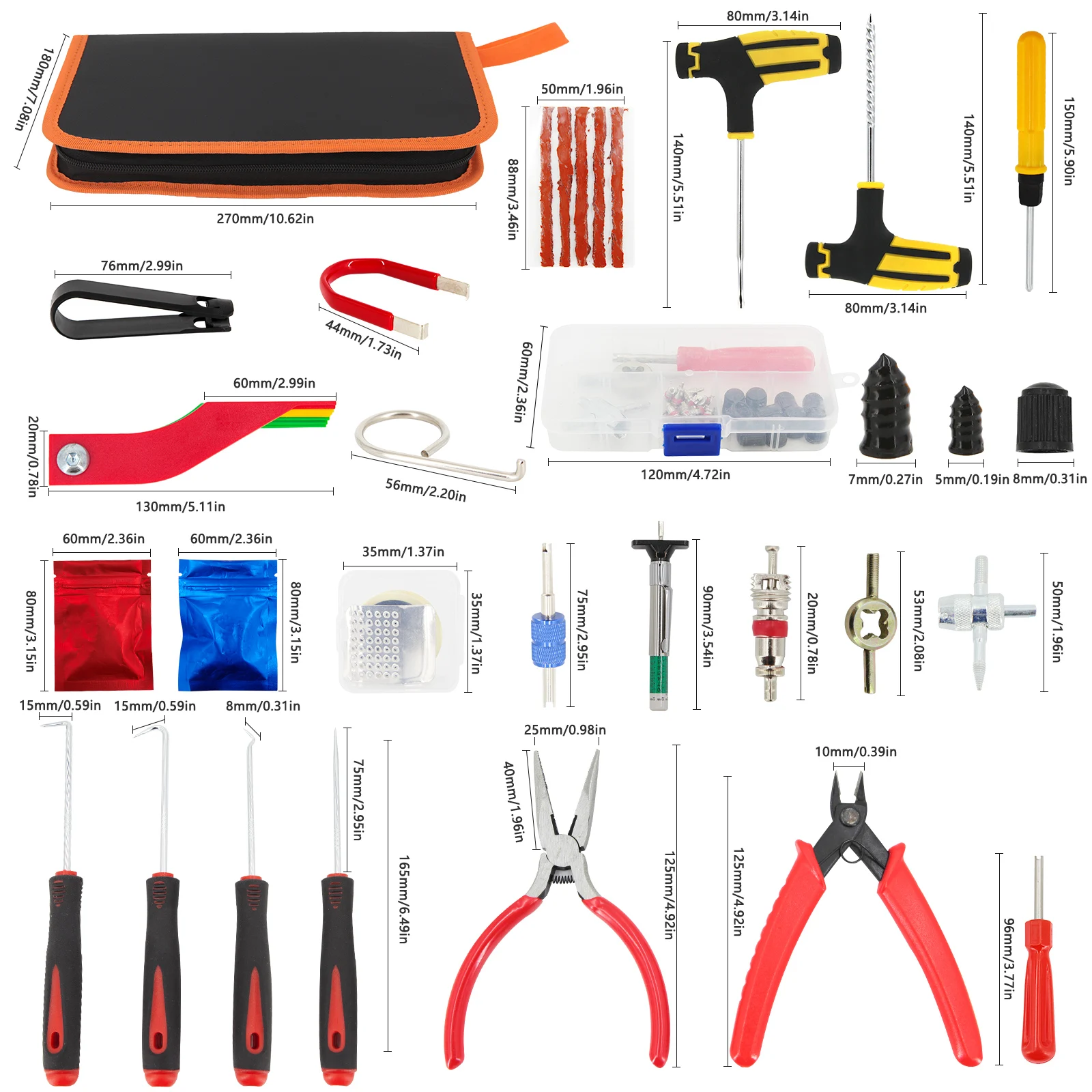 Universal Car Tire Repair Kit Fix Punctures and Plug Flats Patch Kit Pick Hook Set Brake Lining Thickness Gauge for car Truck