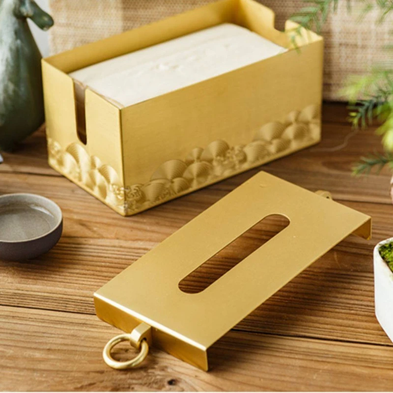 Antique Brass Tissue Box with Mahogany Base,Non-Tarnish Napkin Holder for table,Chinese Style  Room Decor Storage Organizer