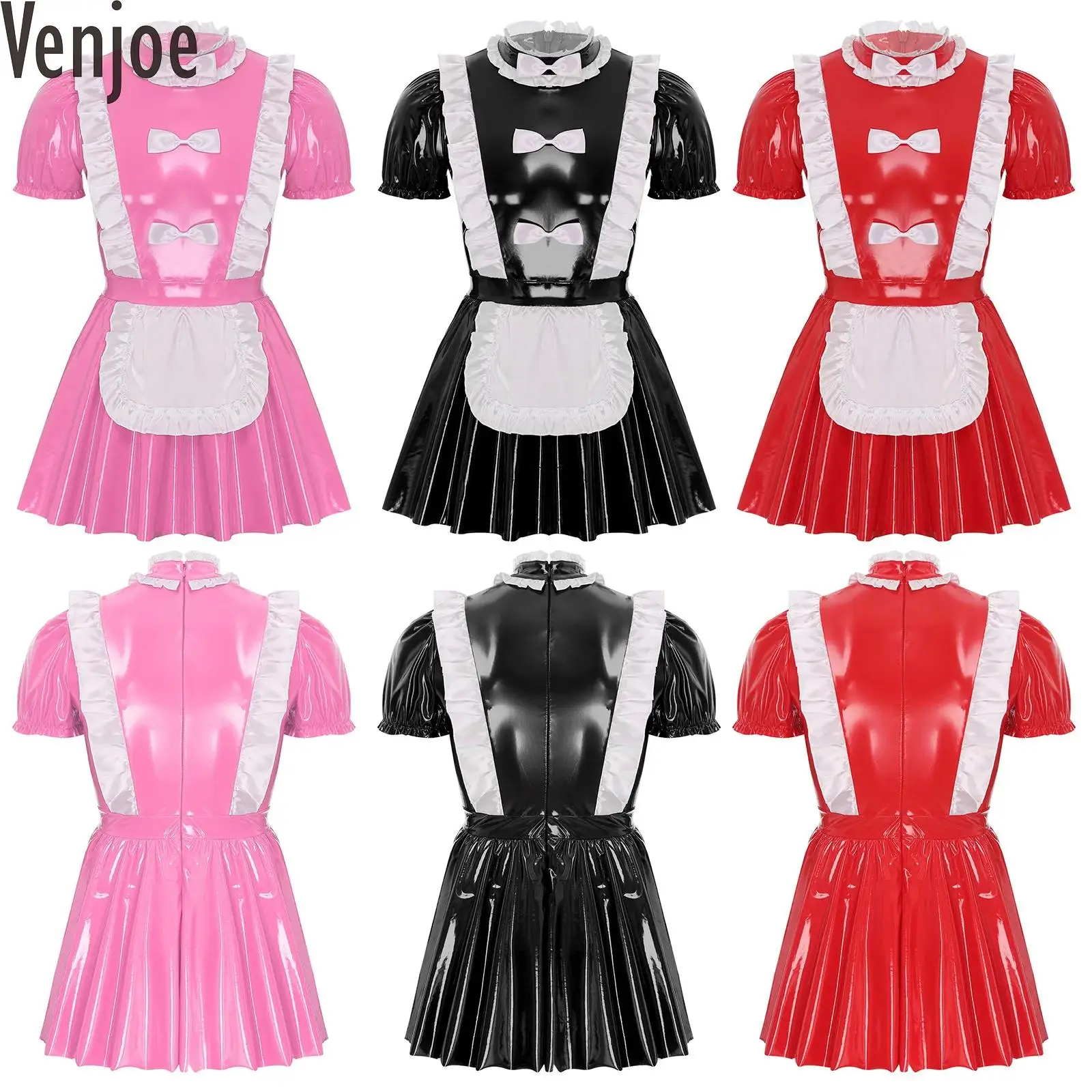 Mens Sissy Maid Dress Ruffles Trims Bow Apron Puff Sleeve A-Line Dress Naughty Maid Uniform Glossy Patent Leather Clubwear