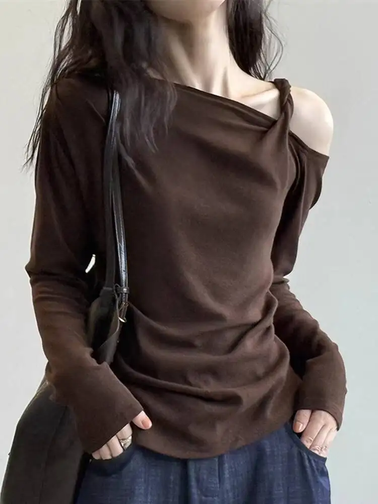 

Women's Long Sleeve Top 2026 Spring Autumn Coffee Color Asymmetrical T Shirt Elegant Off Shoulder Twist Knot Long Sleeve Top