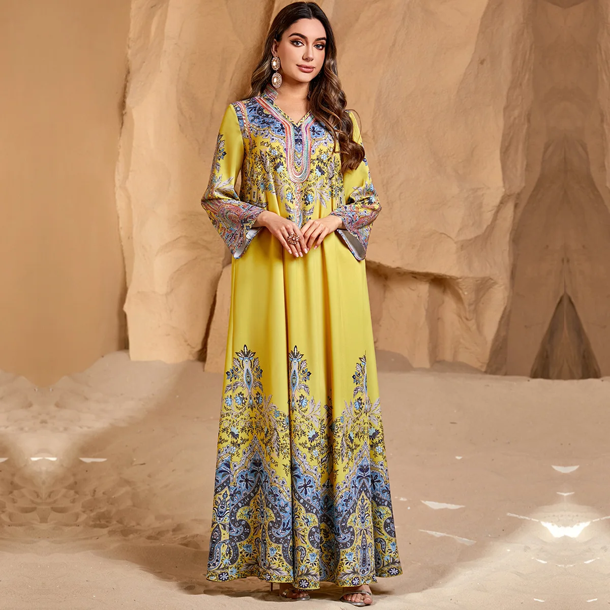 

Elegant Muslim Women Long Sleeve Floral Print Dress Dubai Abaya Turkey Kaftan Kebaya Caftan Marocain Femme Robe Islam Jalabiya