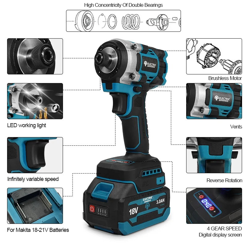 Destornillador eléctrico sin escobillas de diosa eléctrica, 3200RPM, 4 engranajes, controlador de impacto eléctrico inalámbrico, herramienta eléctrica para batería Makita de 18V