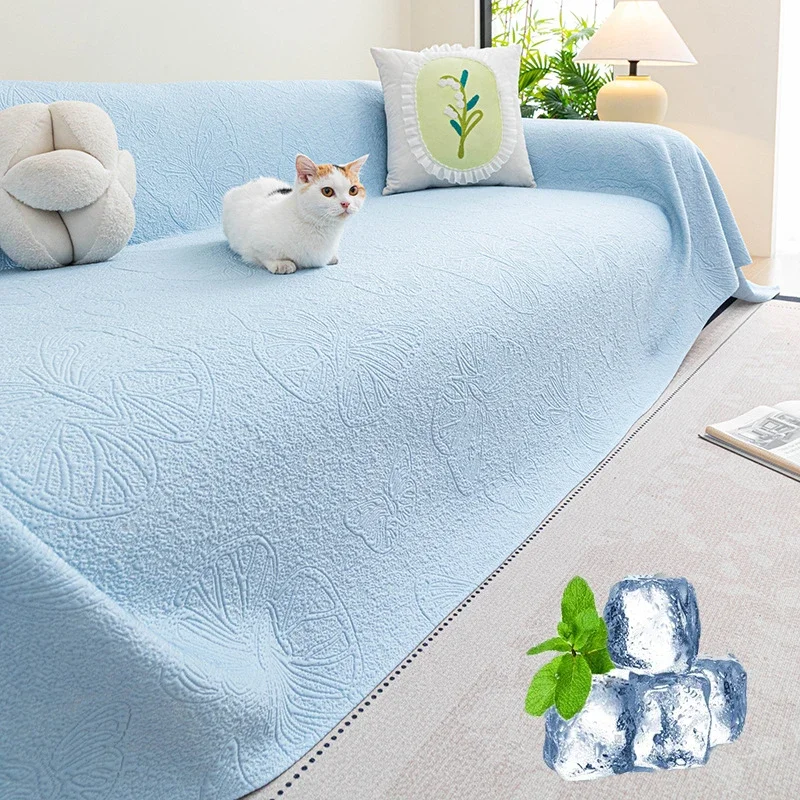 Ice Silk Cooling Sofa Cover Summer Breathable Couch Protector Full Coverage Butterfly Jacquard Soft Cool Sofa Towel Sofa Blanket