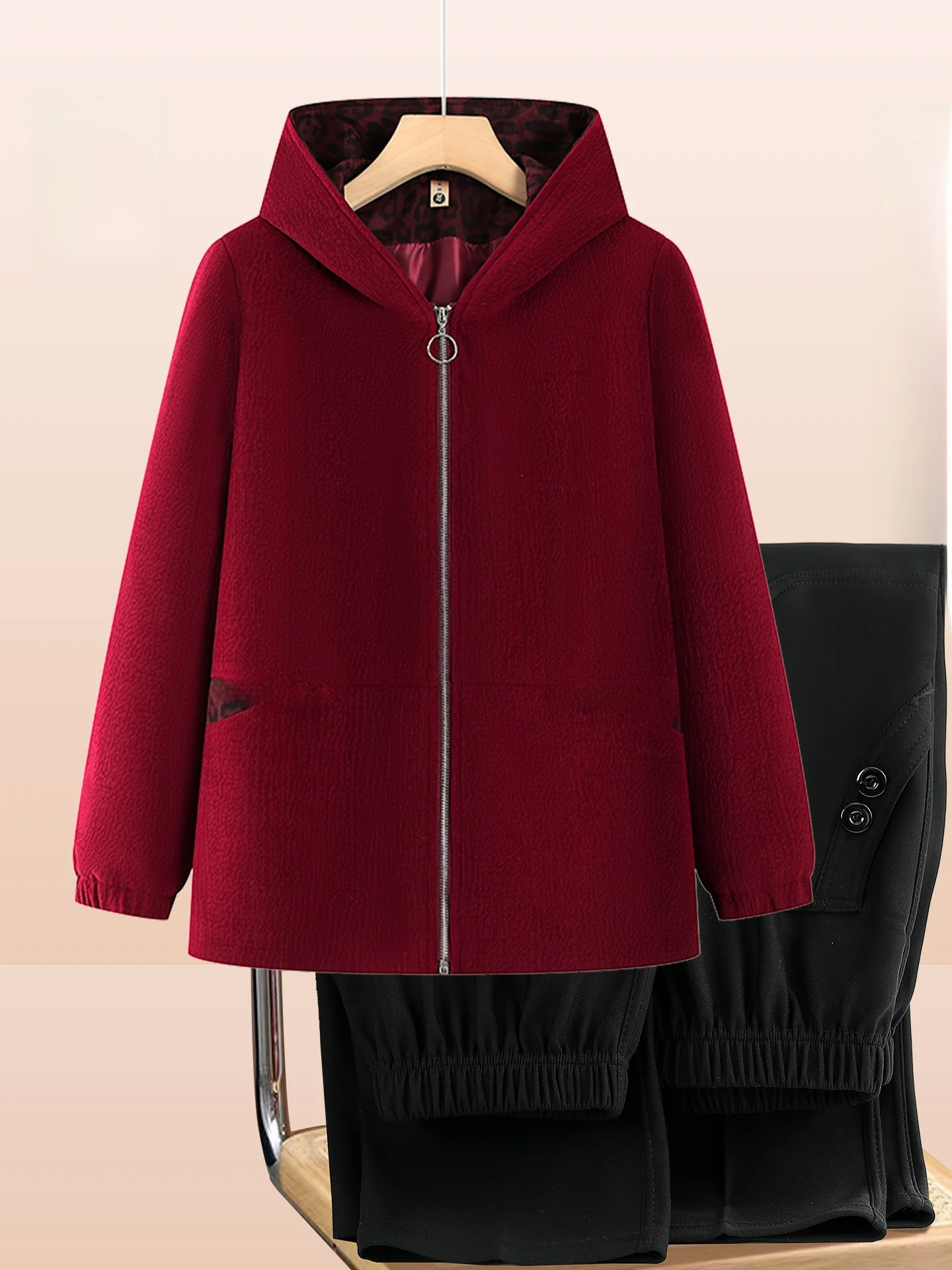 

Модный шерстяной свитер-куртка с капюшоном для женщин среднего возраста, зимний теплый повседневный комплект с длинными брюками на молнии, цветной