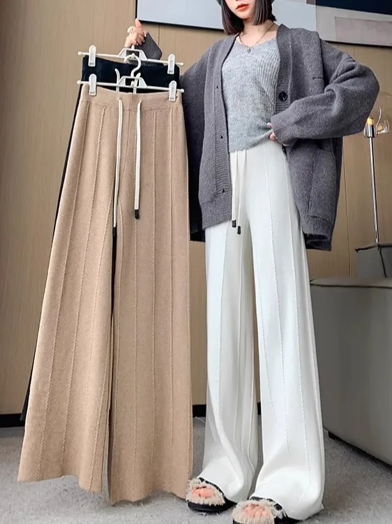 High Waist Draped Narrow Wide Leg Pants Women's Autumn Winter Knitted Casual Trousers Long Versatile Polyester Spandex