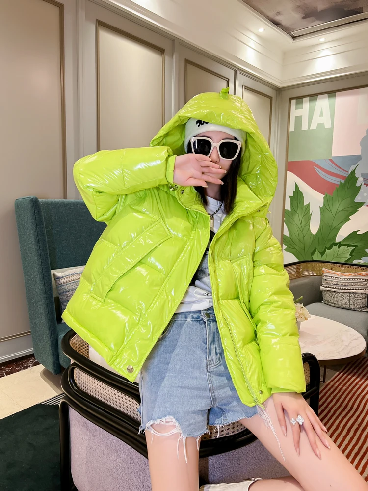 Candy Colors Hooded Glossy Cotton-padded Coat Women Short Warm Parkas 2023 Winter Casual Long Sleeve Cotton-clothes Outerwear