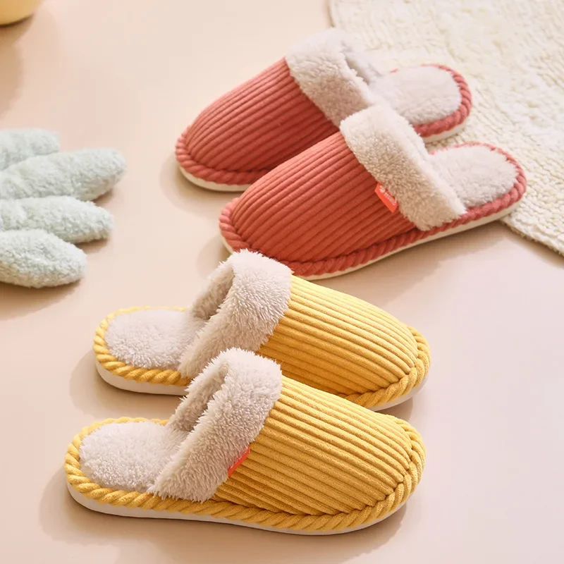 Couple Corduroy Plush Winter Slippers for Men Women, Warm Soft Indoor House Slides 1Pair