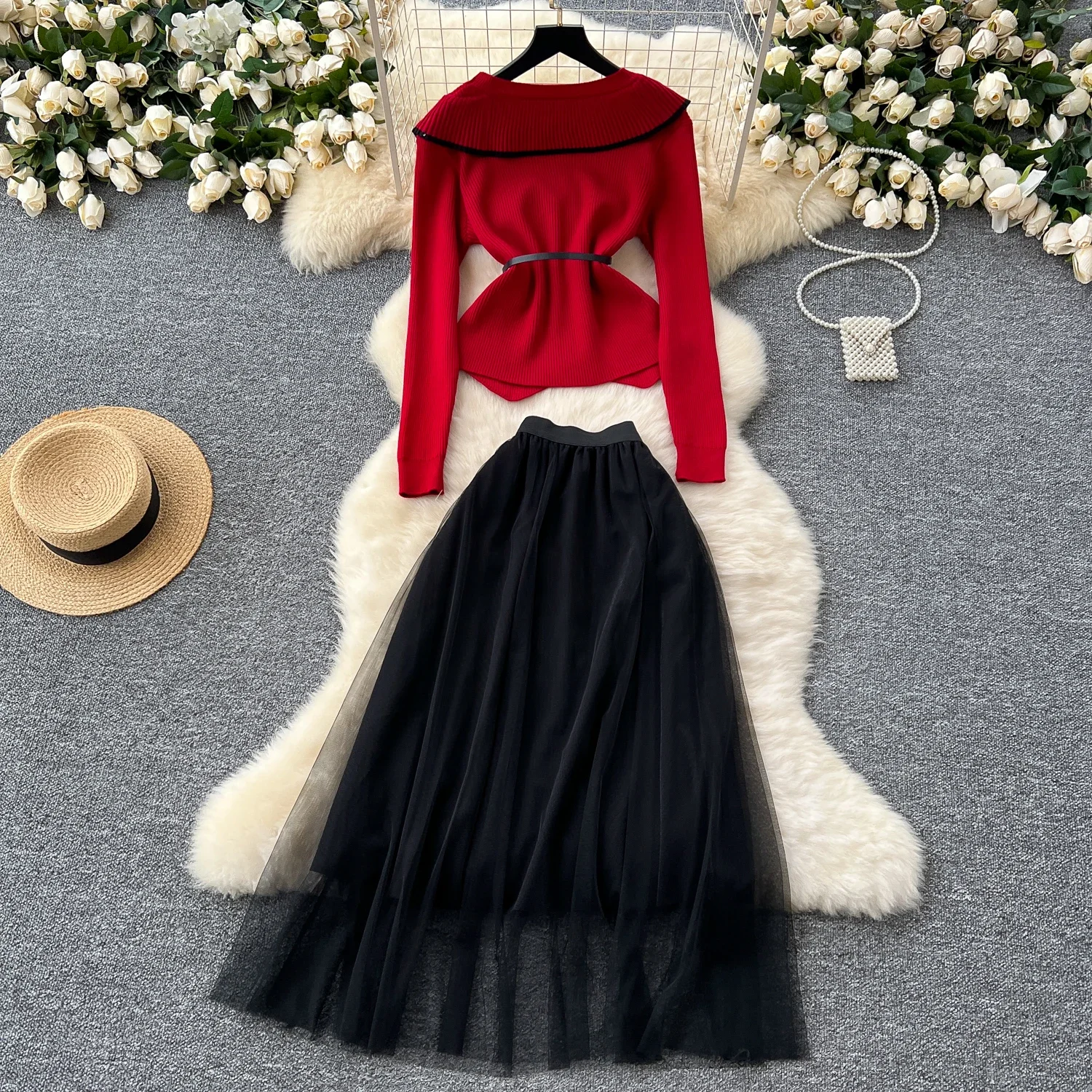 Chic Casual Twp-piece Sets Ruffle Button Knit Shirt Vintage Basics Mesh High Waist Ball Gown Skirt Autumn Winter Women Clothing