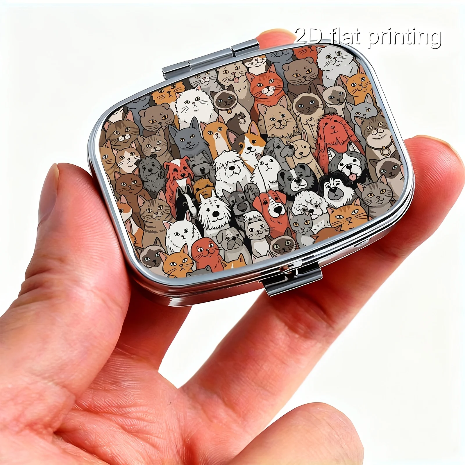 Square Pill Box with Cute Animal Group Pattern, Healing and Adorable Style. Flat Printing Square Portable Pill Box, Mini Storage Box with Two Compartments, Suitable for Gifts to Friends, Exquisite Gifts, Made of Metal and Durable Plastic