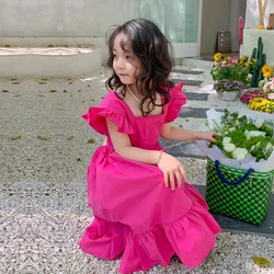 Vestido de princesa para meninas, roupa de criança, roupa de verão, laço, cabedal, versão coreana, nova moda, 2-7 anos de idade