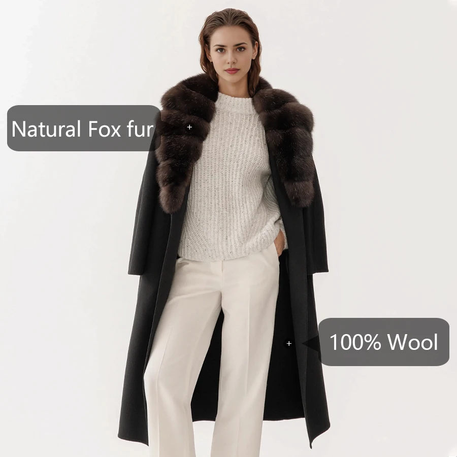 Lange wollen jas met vossenbontafwerking Dameswinterjas Echt vossenbont Overjas Luxe wollen jassen voor dames