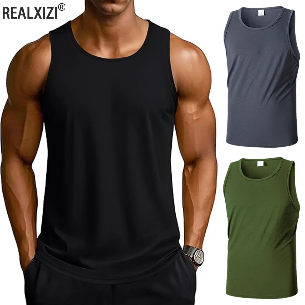 

Мужской жилет с широкими плечами и круглым вырезом, летняя однотонная повседневная футболка без рукавов, дышащая быстросохнущая базовая эластичная майка