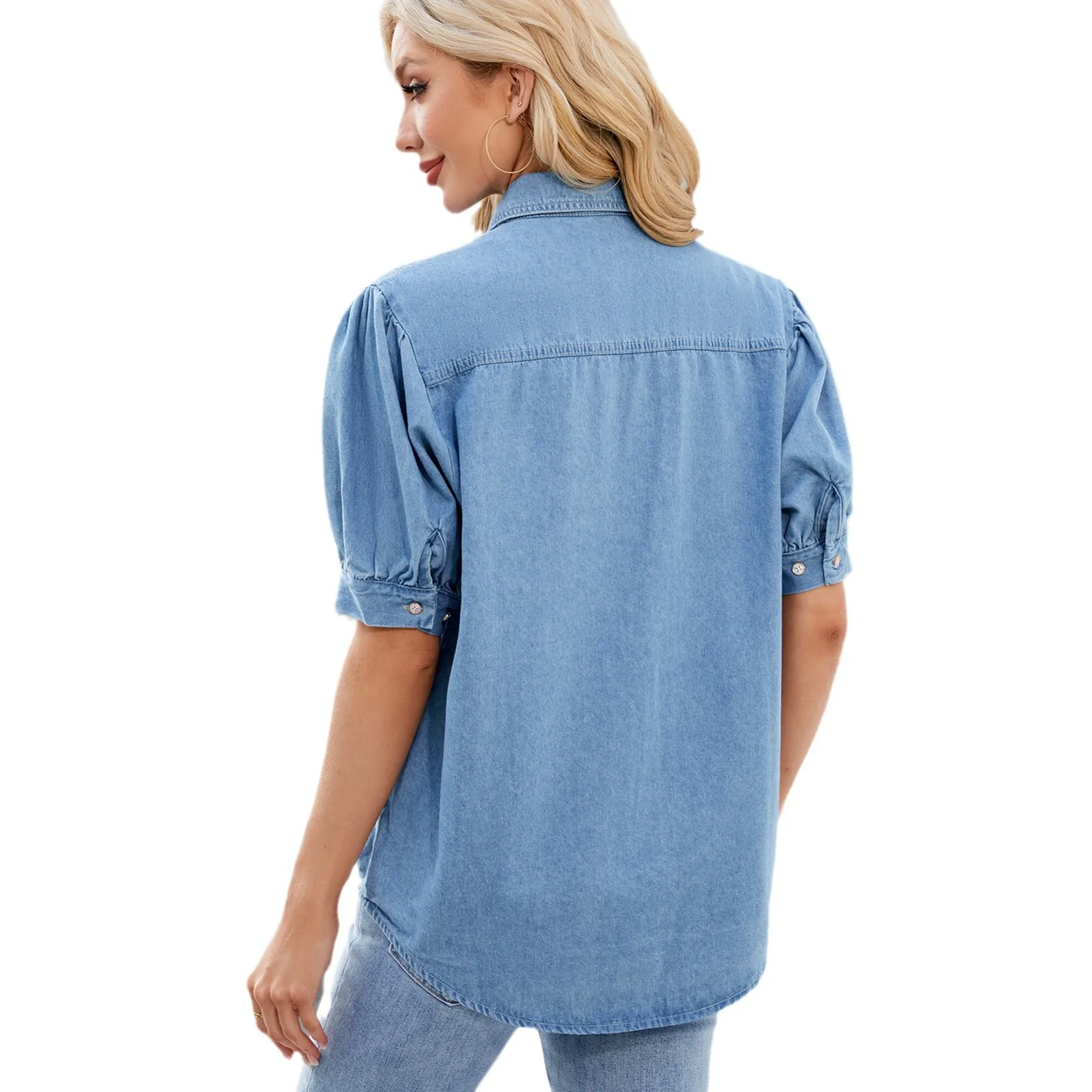 Europa und die Vereinigten Staaten neue Persönlichkeit Joker Princess Ärmel Revers dünnes Jeanshemd Freizeithemd Mode Damenbekleidung.